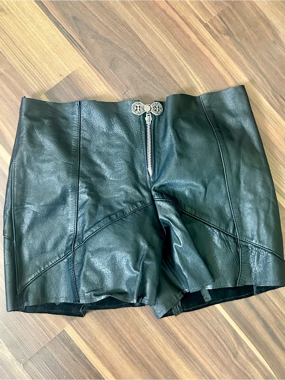 Black Leather bikercore High-Waist Shorts with Front Zip